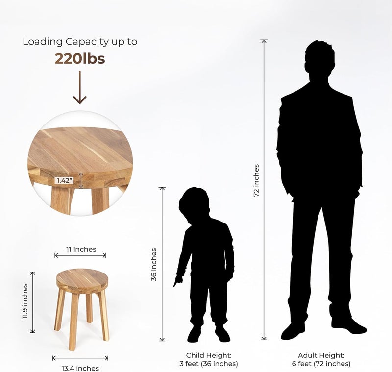 ARROWSTONE Round Stool Acacia Wood, 12" Height, 11" Round Top, Backless, Easy Assembly, Natural Wax Finish, Wooden Stool for Plant, Dining Room, Living Room, Garden, Makeup - Image 2
